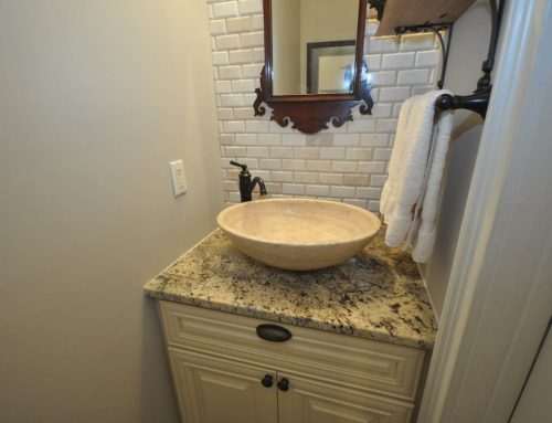 Powder Room Remodel with New Flooring, Vanity, Granite Top, Stone Vessel Sink and Backsplash
