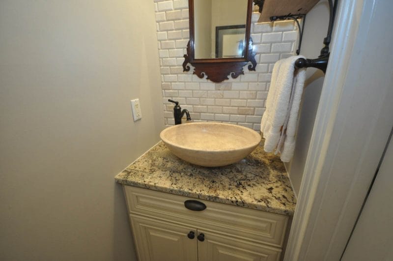 Powder Room Remodel with New Flooring, Vanity, Granite Top, Stone